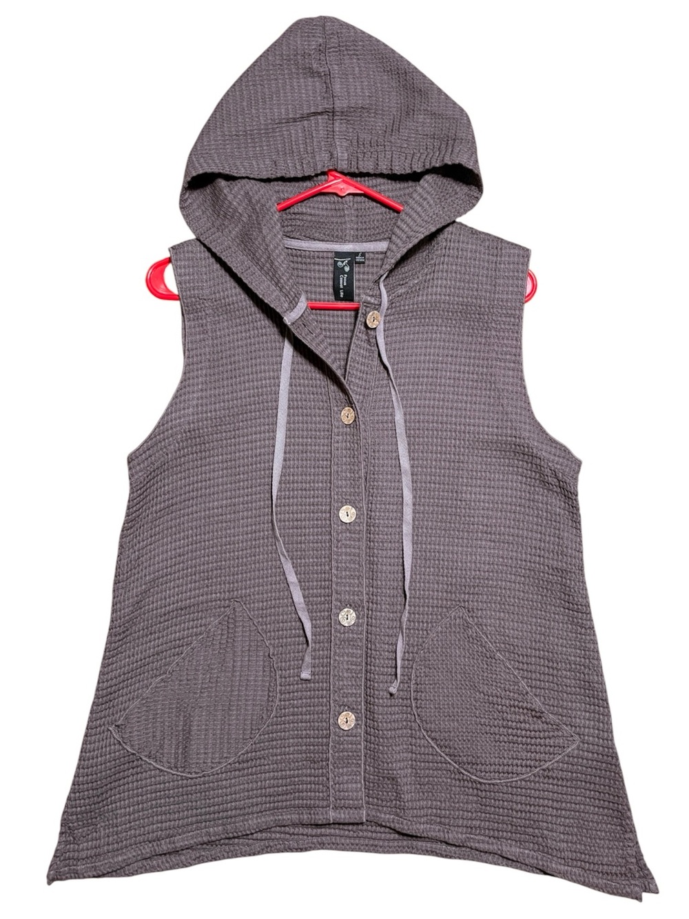 Focus Casual Life Hooded Textured Waffle Knit Button Down Vest In Taupe Sz S